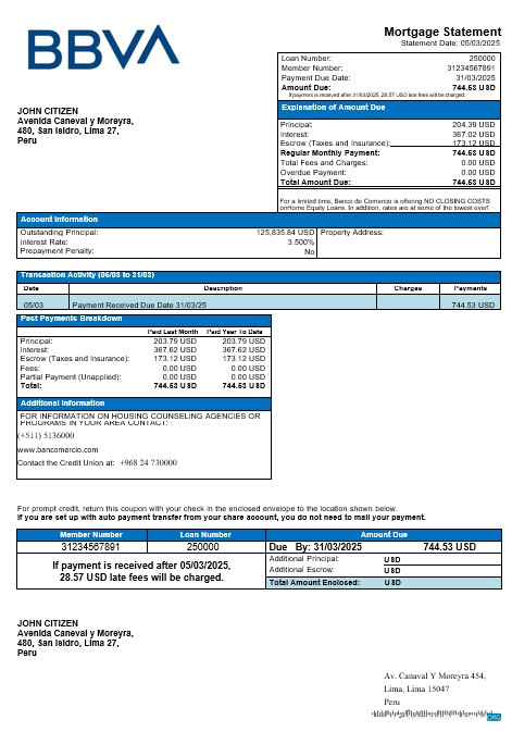 Download Peru Banco de Comercio mortgage statement in Word and PDF formats Photoshop template